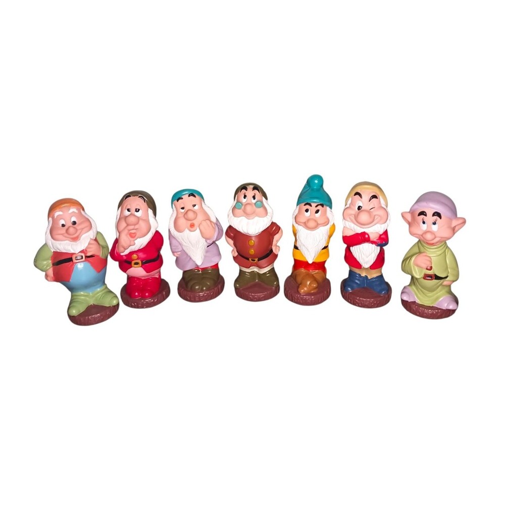 Vtg Disney Seven Dwarfs Figures 5" Tall Rubber Squeak Toys COMPLETE SET w/ Case